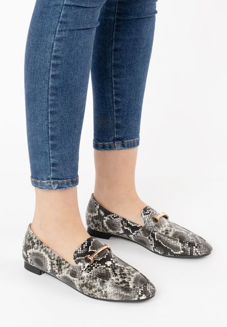 Mocasini online fashion de dama Coralie V2 Negri cu toc mic si animal print reptila