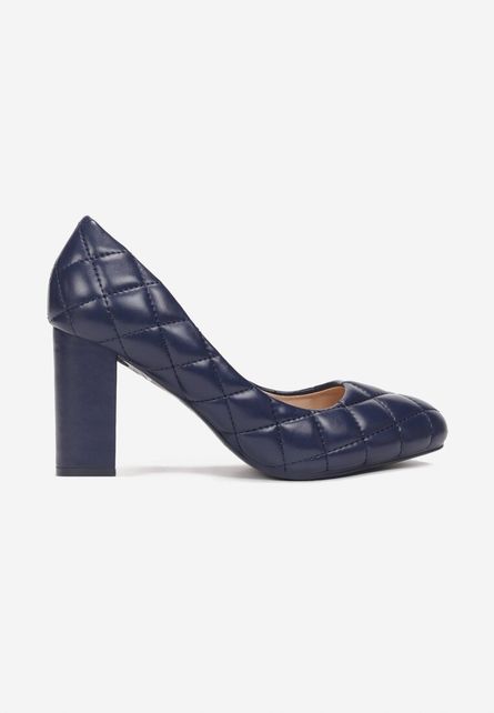 Pantofi eleganti de seara bleumarin cu toc gros inalt Alejandra Navy cu textura patrata