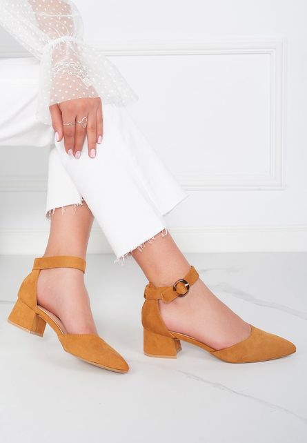 Pantofi cu toc mic camel eleganti de dama pentru seara Kadie