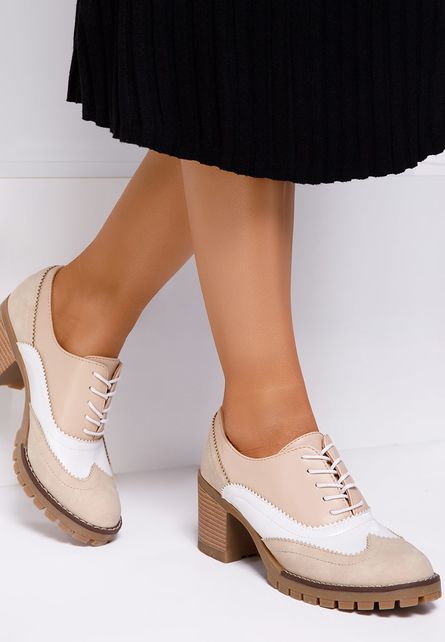 Pantofi casual online trendy cu toc patrat gros si inalt Sidoma Bej cu sireturi