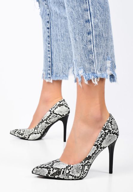 Pantofi cu toc inalt stiletto de ocazie albi cu snake print Caren