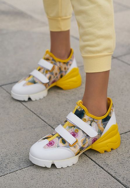 Sneakers de dama fashion moderni Aleidi Galbeni cu imprimeu floral si scai