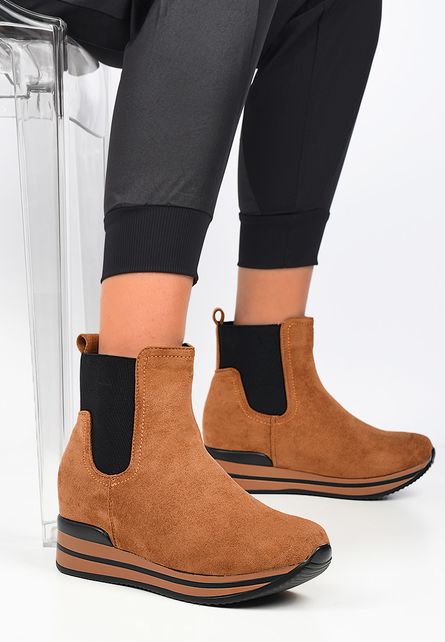 Sneakers de dama inalti de toamna cu platforma Almera Camel in stil botine