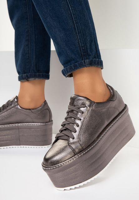 Sneakers fashion de fete cu platforma dreapta oversize Ionesa Gri luciosi