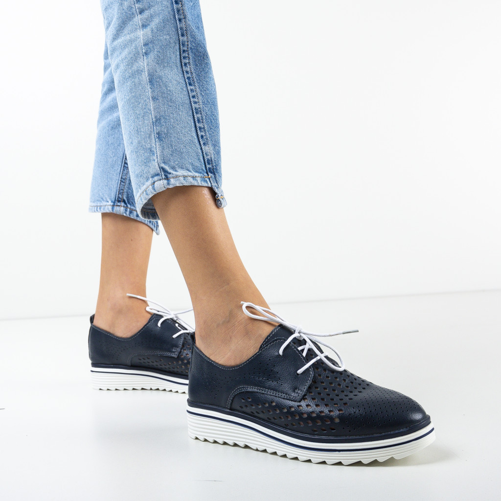 Pantofi de dama office bleumarin casual Tone din piele naturala pefrorata cu sireturi