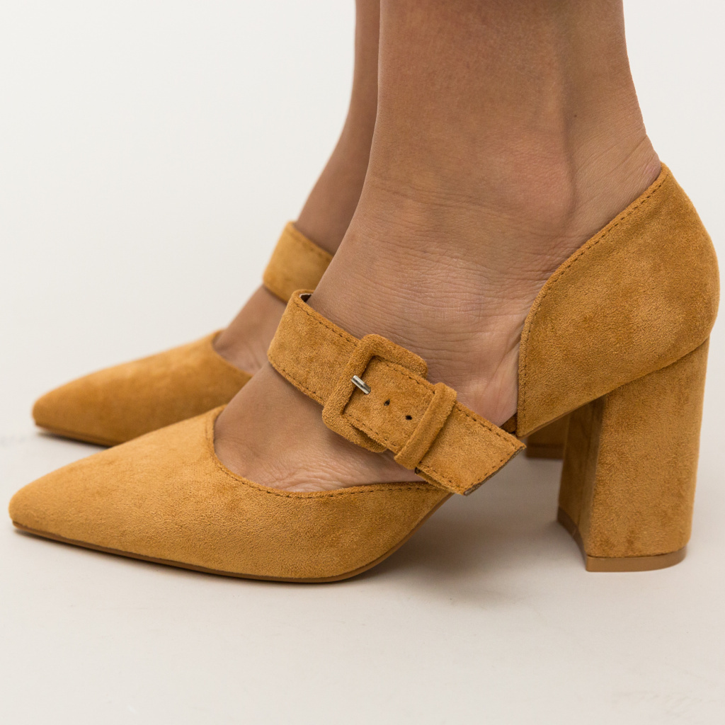 Pantofi dama office camel cu toc gros mic Dionne