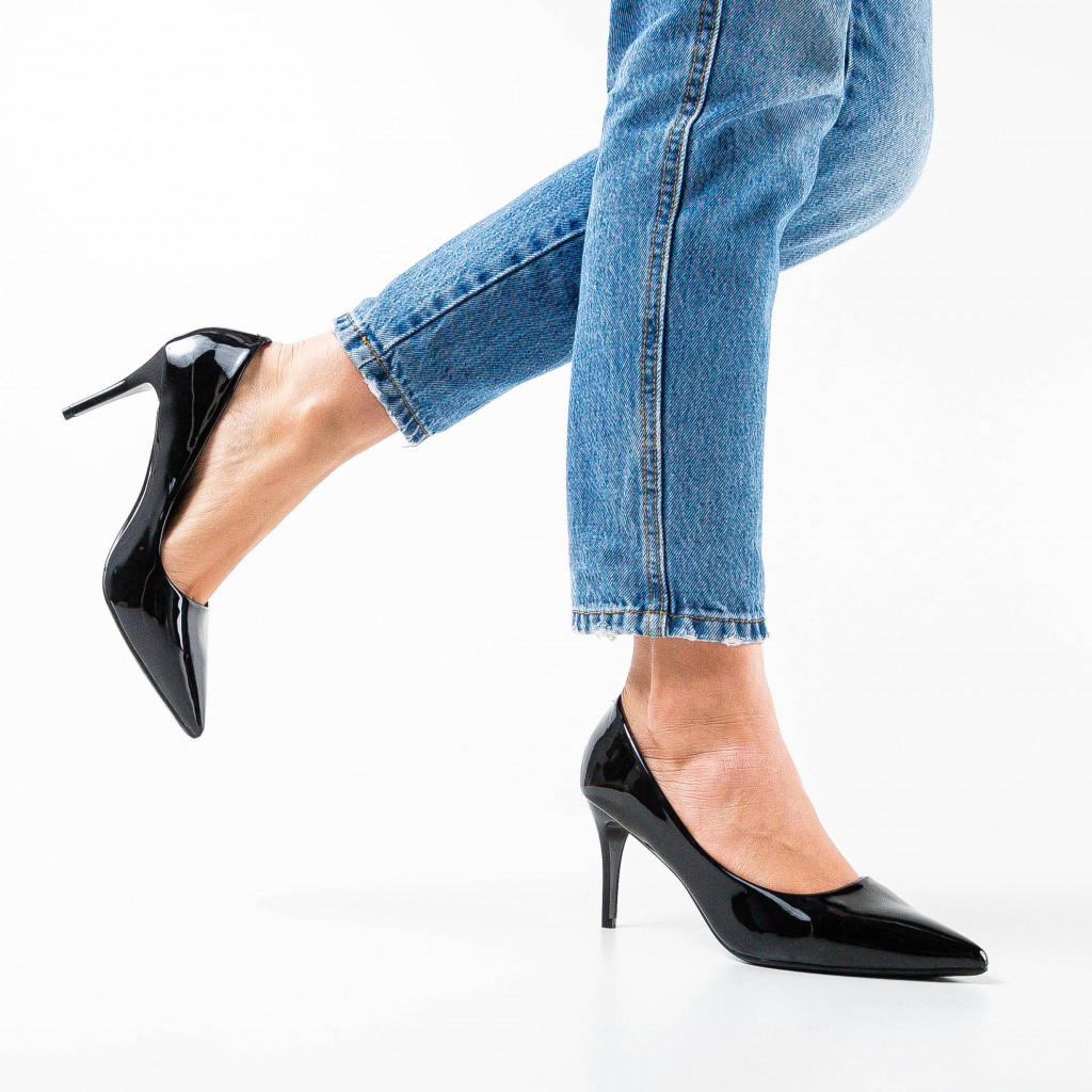 Plateau Saving Classic Pantofi negri stiletto eleganti cu toc subtire lung de 8.5cm Sab din piele  ecologica lacuita – Pantofi.DeFirma.ro