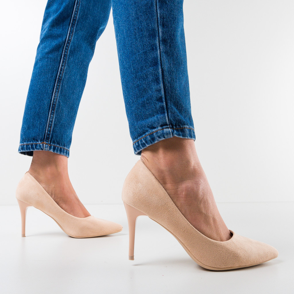 Pantofi trendy nude stiletto de ocazie cu toc subtire lung de 8.5cm Sab din piele eco intoarsa